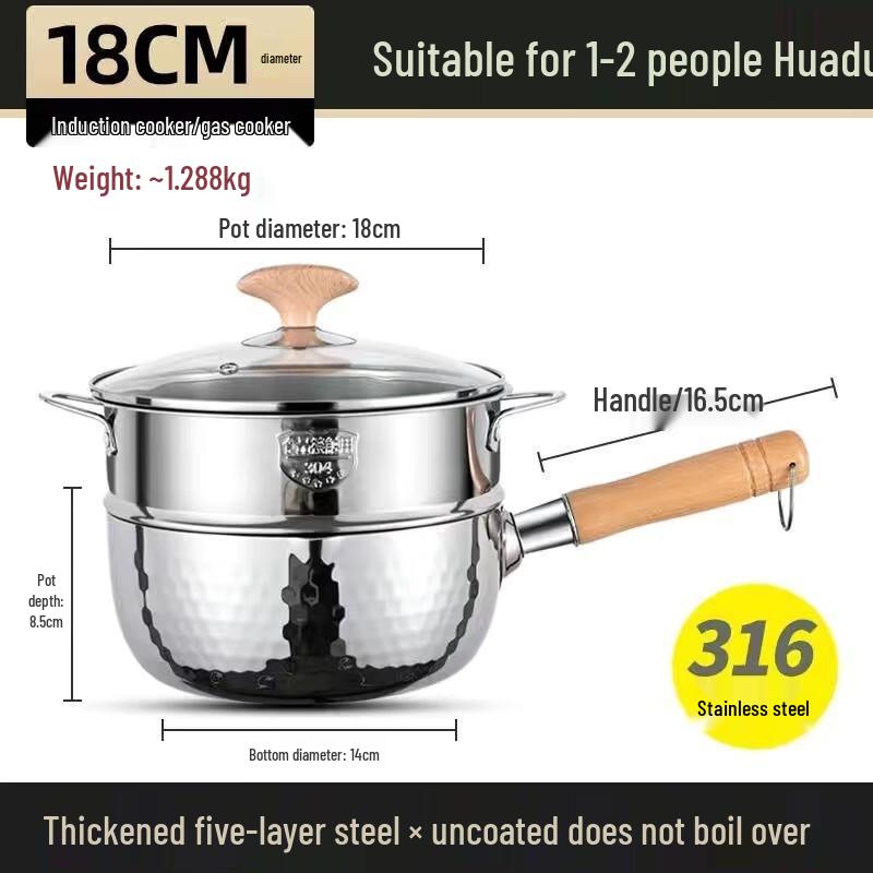 HUIHUADU 316 Stainless Steel Hammered Yukihira Saucepan with Wooden Handle