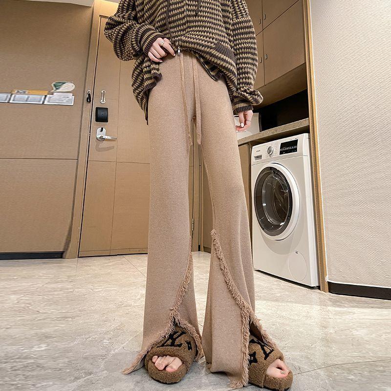 

Широкие брюки с кисточками для мытья полов для студенток, эластичный шнурок с высокой талией для утягивающего эффекта, прямые брюки с разрезом One Size хаки