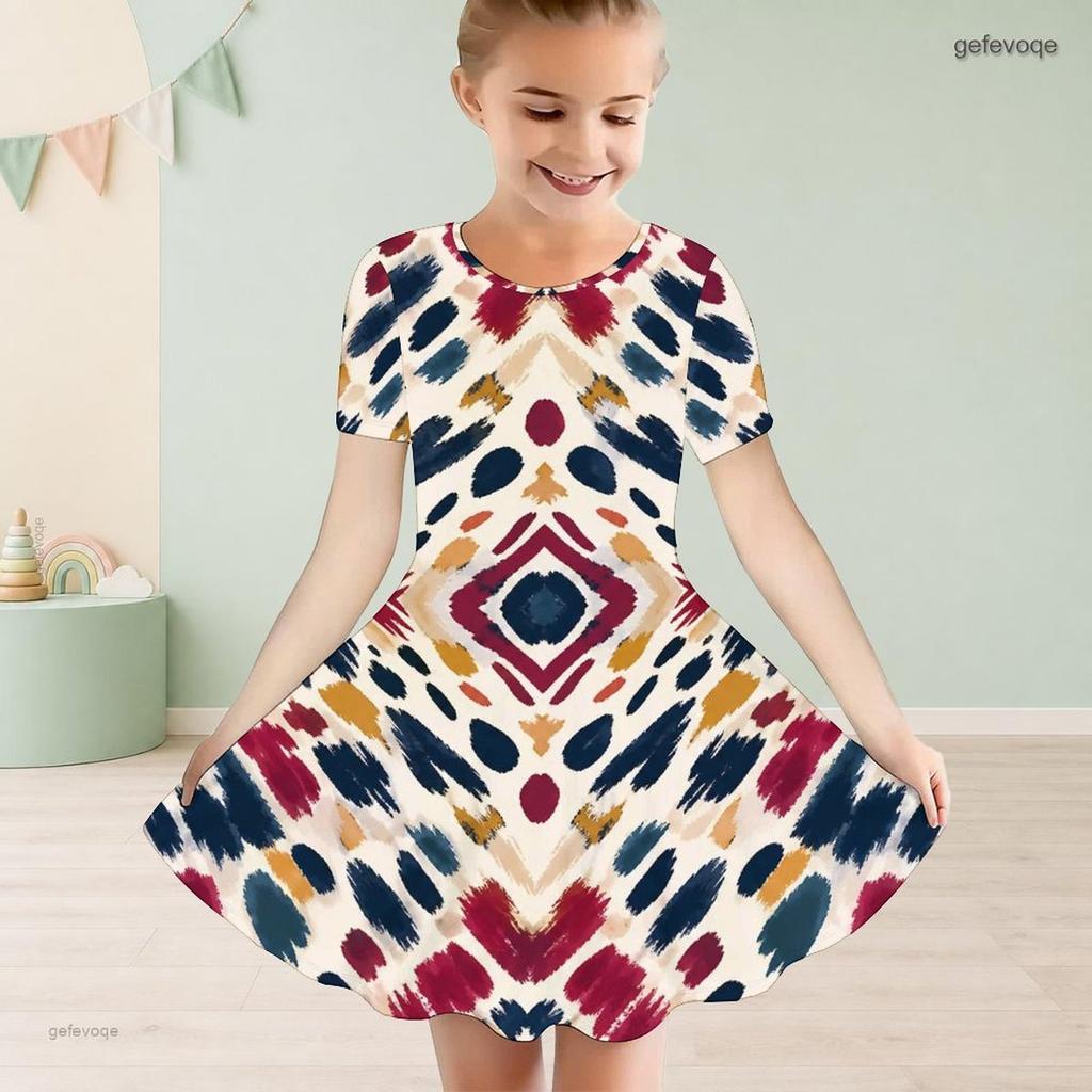 Little Girls Round Neck Short Sleeve Watercolor Printed A Line Flared Dress
