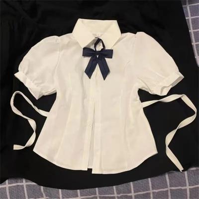 Korean Fashion New Spring Summer Sexy Girl Short Sleeve Preppy Style Slim JK Bandage Shirt Women's Bow Tie Neck Blouse Top
