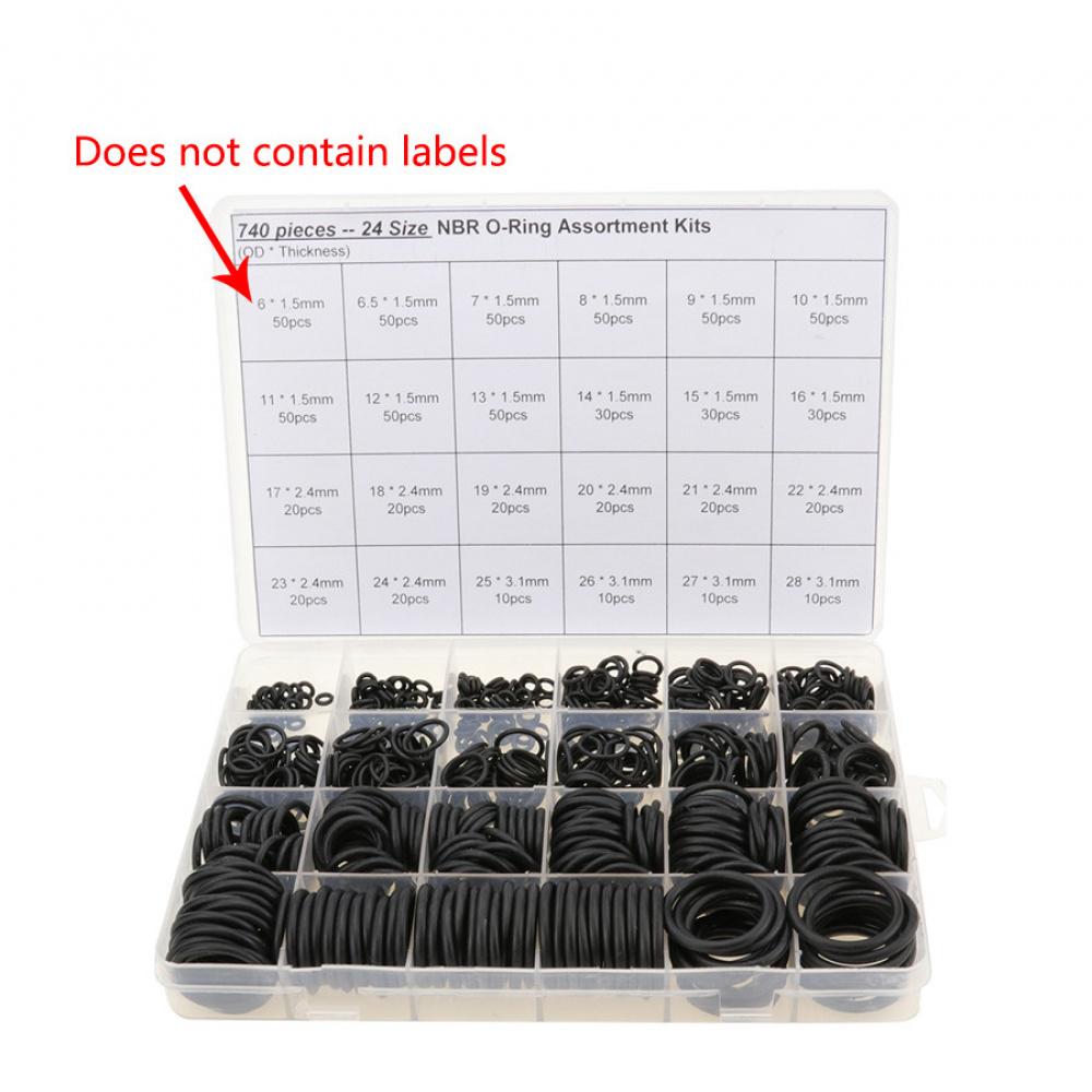 Universal set of gaskets-O-rings made of nitrile rubber 740 pcs. for car air conditioning repair, thickness 1.5 mm, 2.4 mm, 3.1 mm, black color