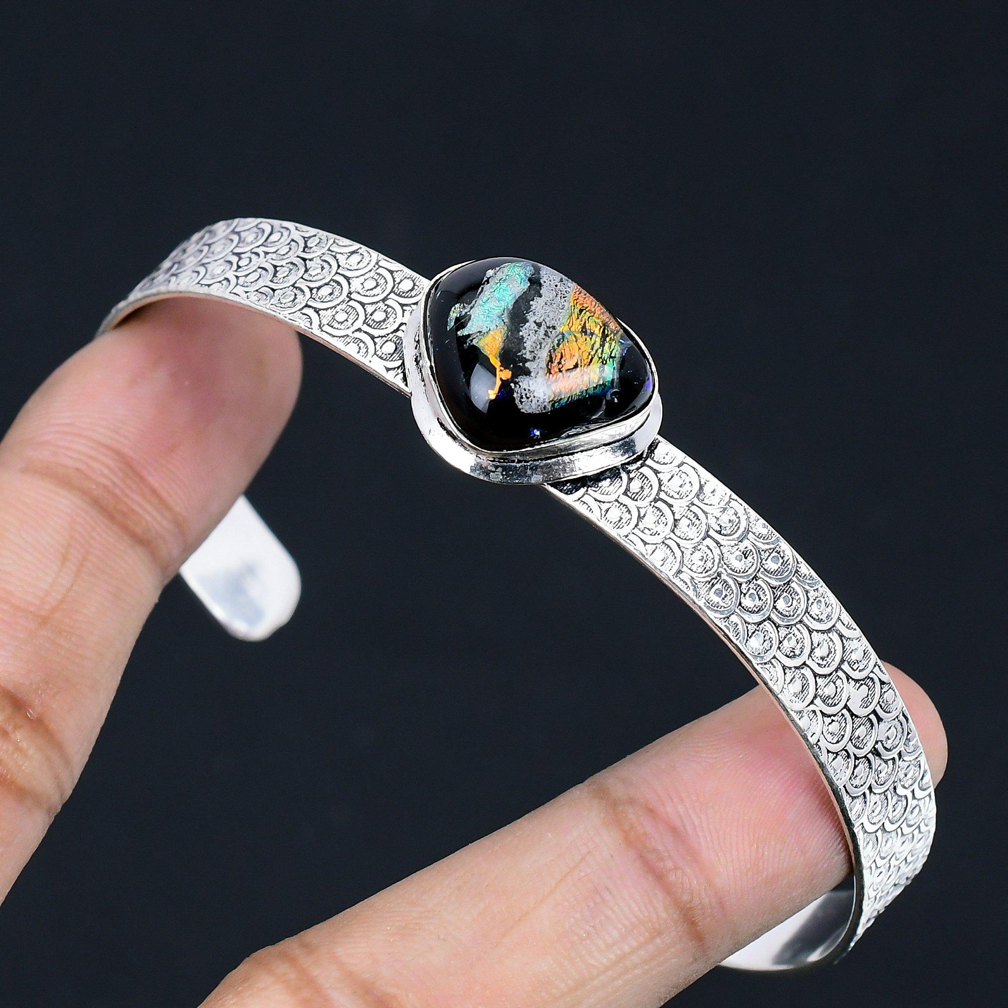

Gift For Her Natural American Dichroic Glass Bangle Adjustable 925 Silver Adjustable