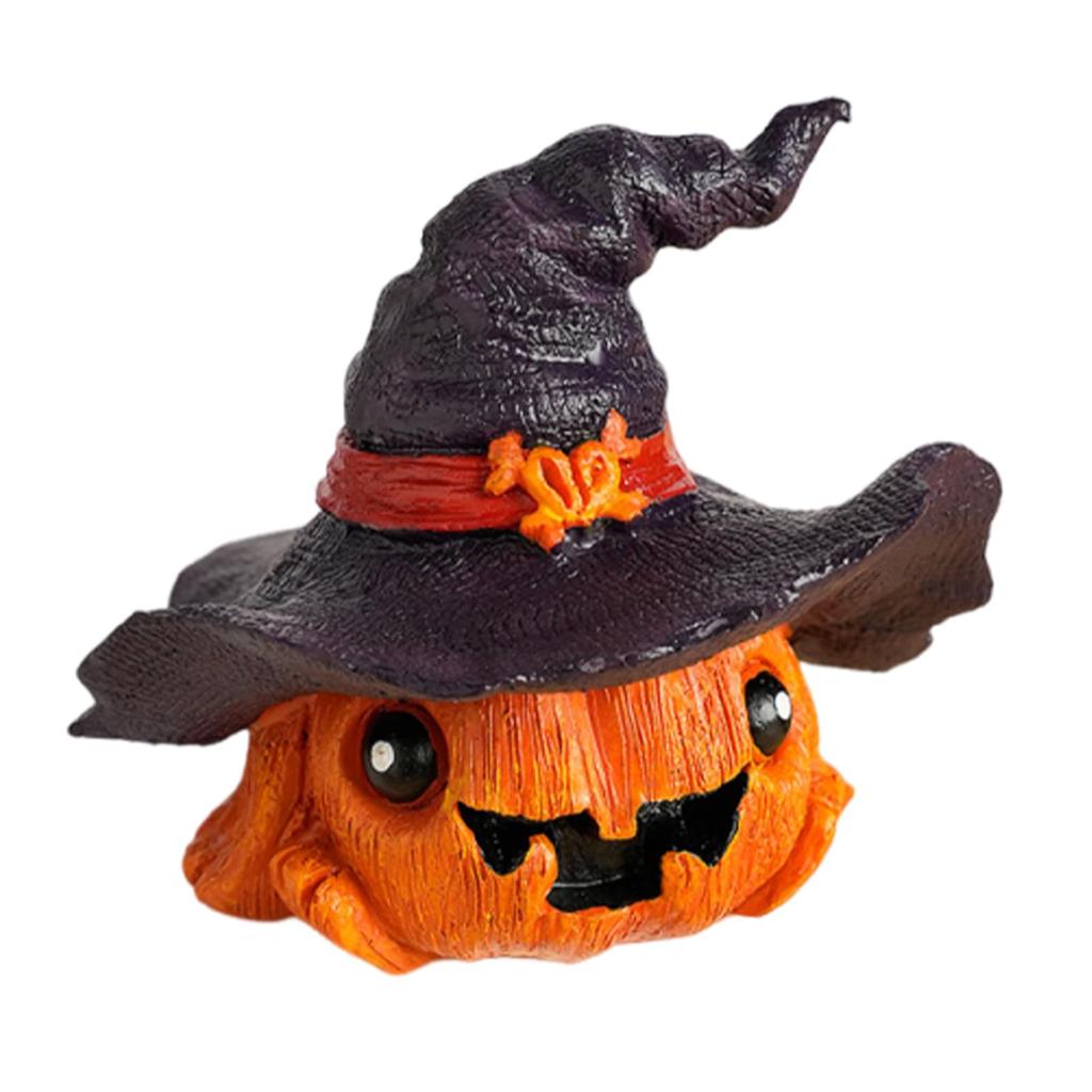 Halloween Pumpkin Resin Figurine - Mini Cute Pumpkin Statue with Hat, Home Decor for Cabinet, Living Room, Party