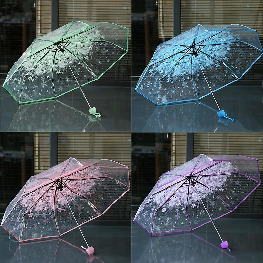 Clear Umbrella with Blue Floral Pattern, Windproof and Compact Design, Automatic Open and Close, Lightweight for Travel