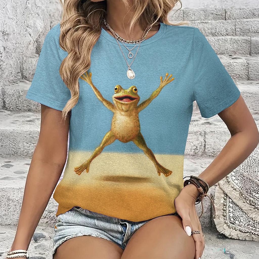Summer Round Neck Cartoon Animal Pattern 3D Print Top Fashionable Casual Short Sleeved Women's T-shirts