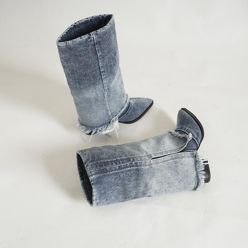Autumn Denim Pleated Fringed Pointed High Heels Western Boots Low Tube Thin Trouser Tube Boots Short Boots Women