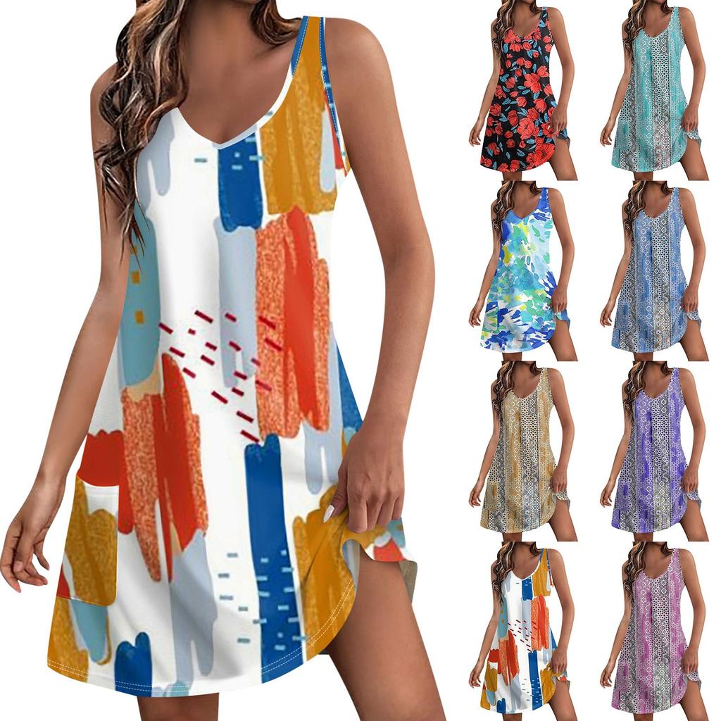Women's Striped Sleeveless Summer Casual Sleeveless V-neck High Waist Sleeveless Slit Dress