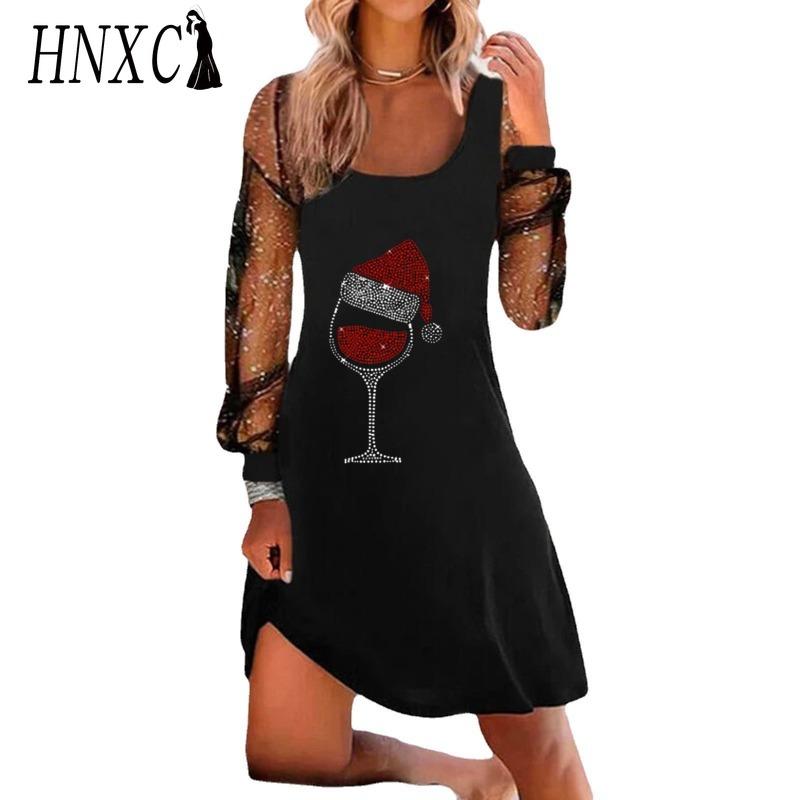 

HNXC Женская мода весна осень однотонный принт длинный рукав U-образный вырез высокая талия повседневные платья XXXL чёрный