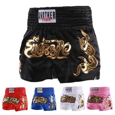 Muay thai boxe shorts mulheres homens treinamento luta kickboxing troncos cintura elástica larga bordado padrão shorts de boxe