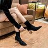Solide Flock Stiefeletten Damenschuhe Frau Spitz Zehenbereich Stretchig Quadratische Hohe Absätze Schwarz Mode Socken Kurze Stiefel