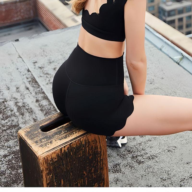 

[Petal Series] Nude Feel Gathered Lace Sports Vest Shorts Yoga Bra Fitness Suit Women Black leg lace 3 pants] M((50.00 kg-57.50 kg)