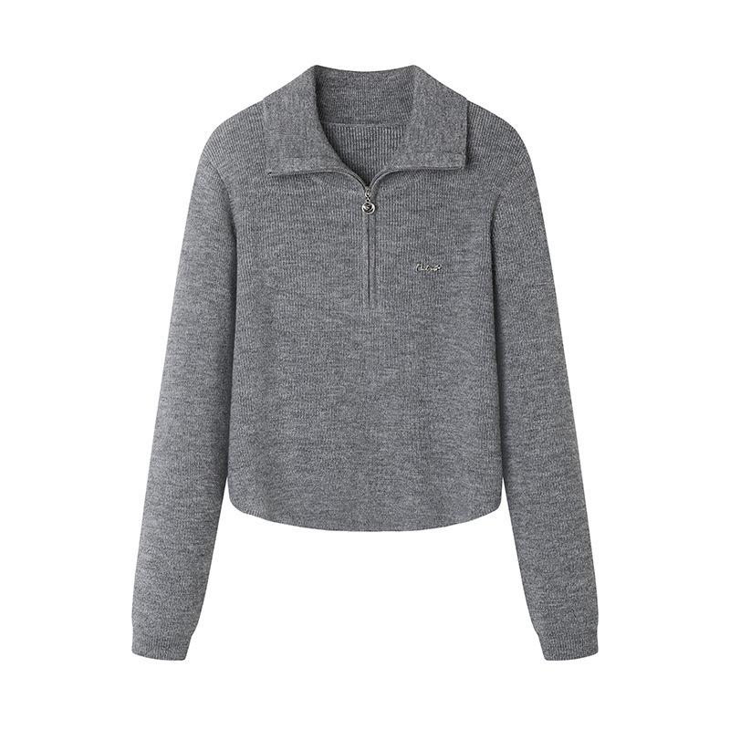 

Женский серый вязаный свитер на молнии до середины, Осень 2024, Повседневный пуловер с отложным воротником Medium серый