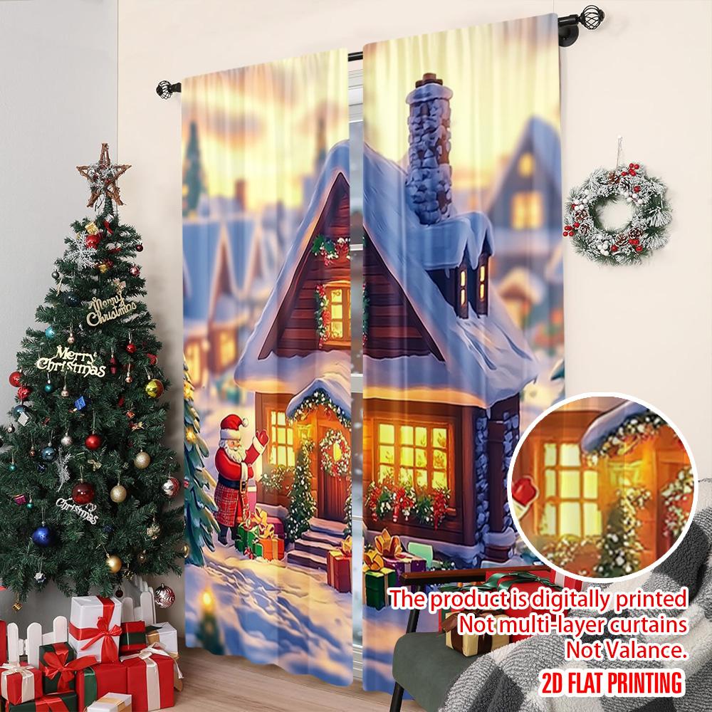 Set Of 2 Flat Printing Christmas Curtain Tree Design Versatile Durable Polyester Without Electricity Festive Holiday