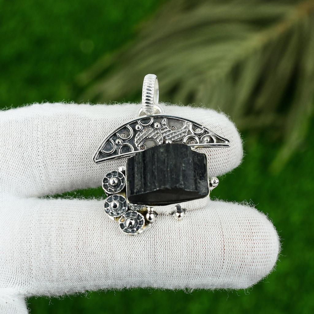 Black Tourmaline Rough Stone 925 Sterling Silver Boho Mother Bezel New Pendant