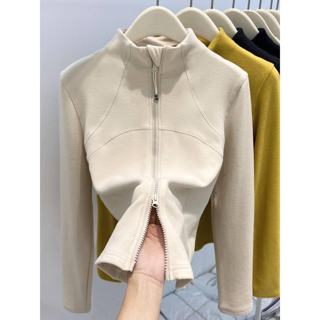 Women's Spicy Girl High-Neck, Waist-Cinching Warm T-shirt: Long-Sleeve, Double Zipper, Polar Fleece Base/Outerwear for Autumn/Winter