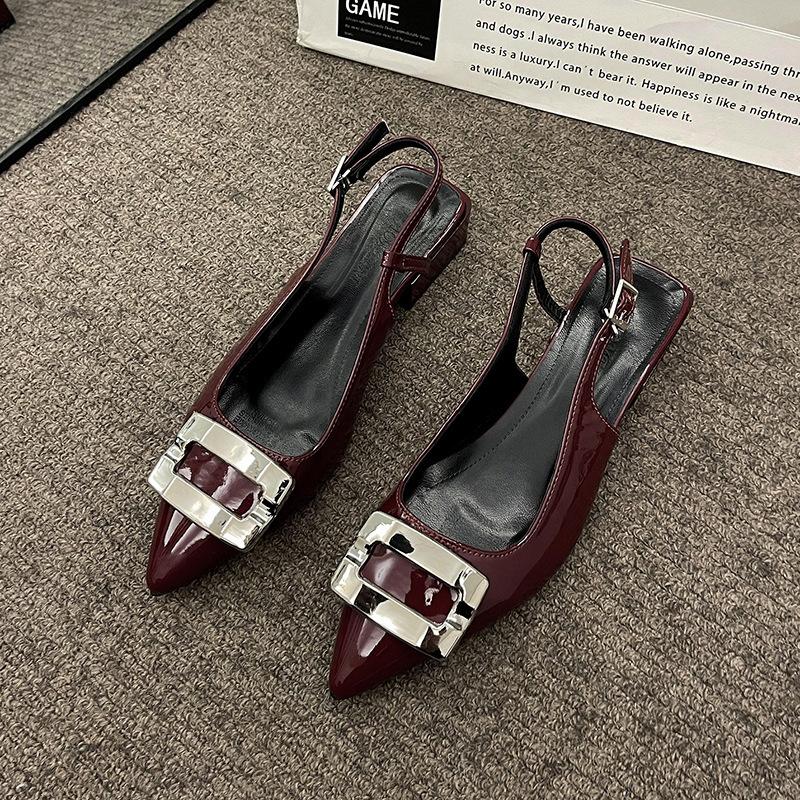 Metal Square Buckle Bag Head Sandals Women's Summer Versatile Thick Heel Pointed Head One Word with Patent Leather Shoes