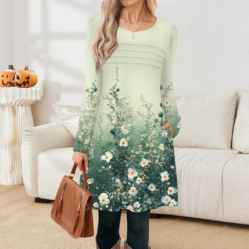 Women's Casual Fashion Long Sleeve Graphic Printed Vintage Dresses With Pockets