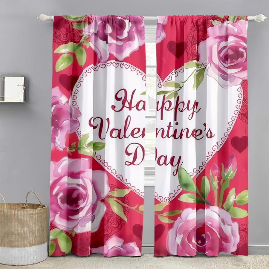 2PCS Rose Red Valentine's Day Curtains   Gentle and Romantic Style   Bedroom and Living Room   Drawbar Pocket Decorative Curtains
