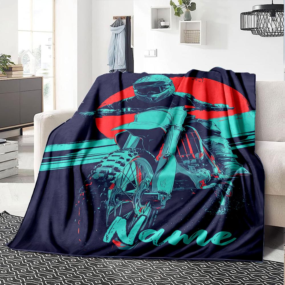 Coperta stampata a tema moto da fuoristrada con nome personalizzato - Perfetta per divano, letto, viaggi e uso all'aperto | Lavabile in lavatrice, accogliente e resistente.