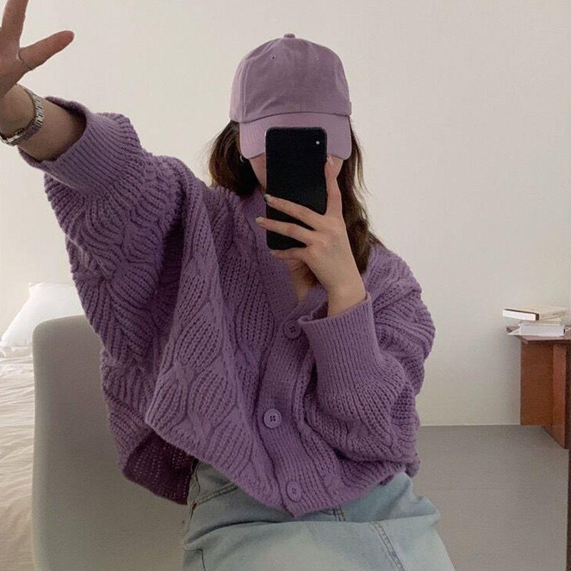 Cardigan Tricoté Style Doux, Coupe Ample et Décontractée, pour Femmes, Court, Col en V, Manches Chauve-souris, Manteau Pull