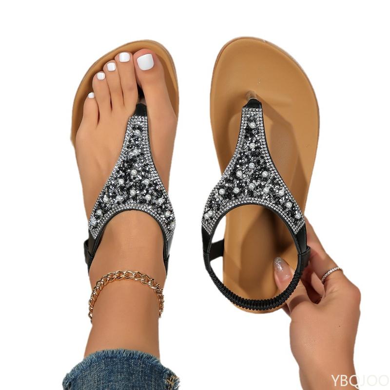 Fashion Large size Luxury Slippers Ladies pearl exposed toe flip flops Light seaside vacation Beach Shoes Comfortable Women's sandals