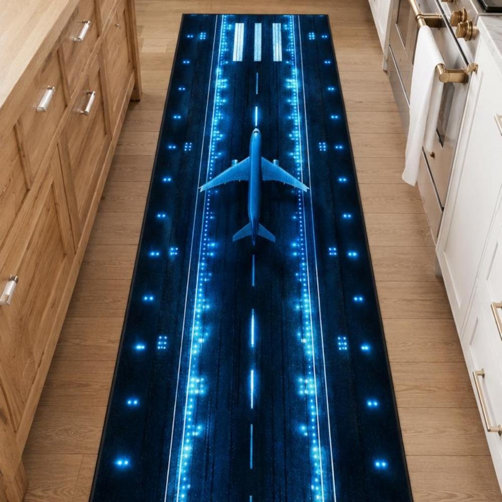 Airplane Runway Rug Sunset City Long Runner Rug Non Slip Washable Kitchen Mat Airport Light Scenic Hallway Entryway Carpet