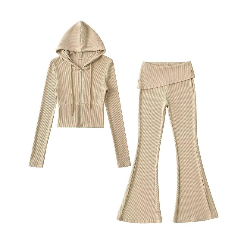 Womens Streetwear Tracksuit Set Fitted Hooded Zip Top High Waist Flare Pants Slim Fit Fall 2025