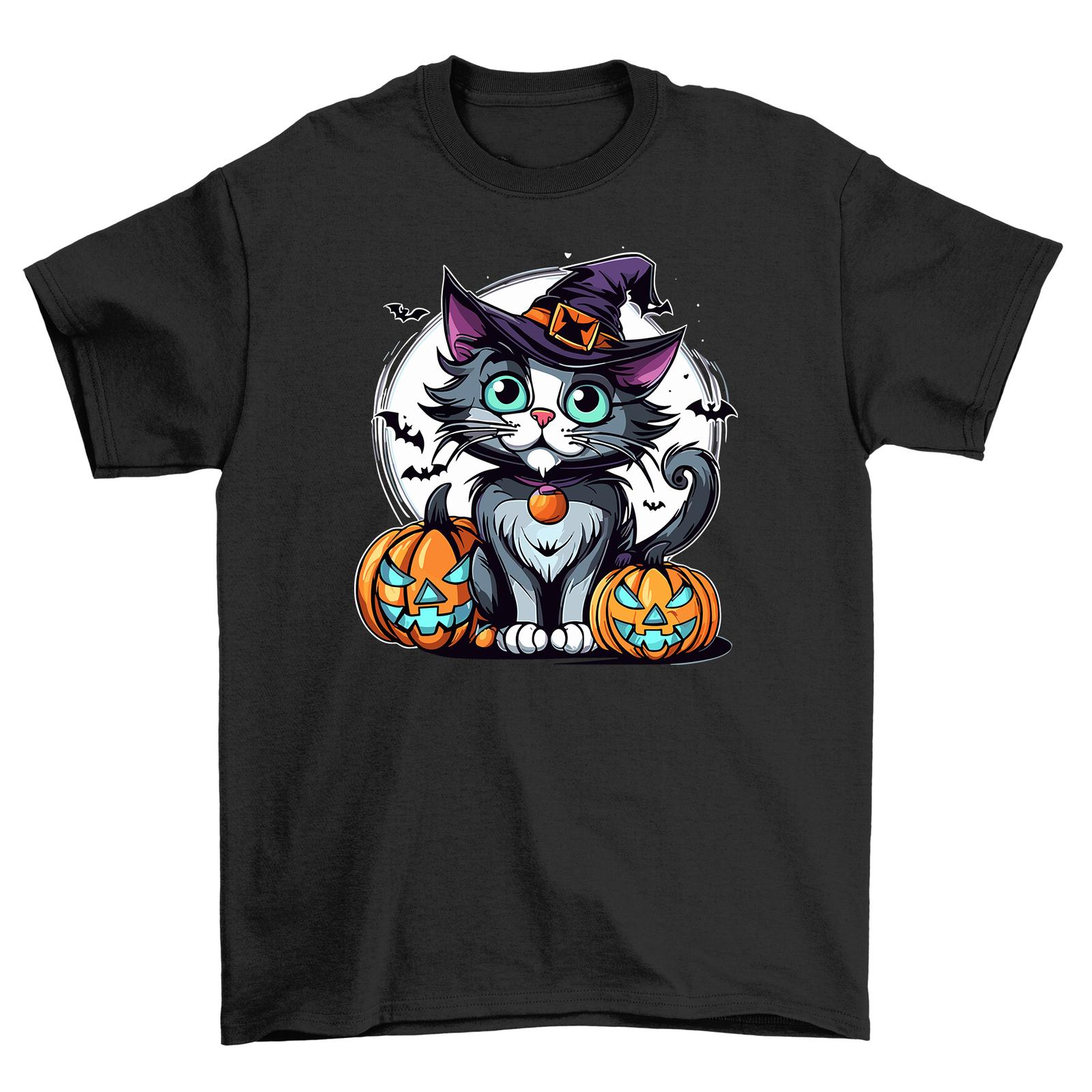 Halloween_229 Cat Witch Funny T-Shirt Mens Womens Tees Top - Purr-fect for spooky season! Unisex Prin M