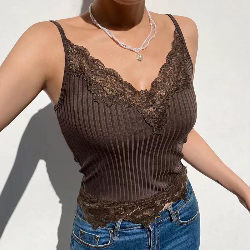Goth Aesthetic Lace Patchwork Tank Tops For Women Sexy V-Neck Brown Retro Crop Tops Summer  Fashion Casual Camisole
