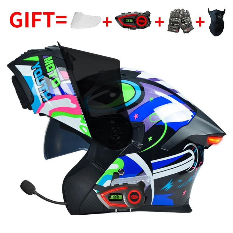 Bluetooth Smart Tail Light Motorcycle Flip-Up Helmet Men Women All Season Full Face Off-Road Riding