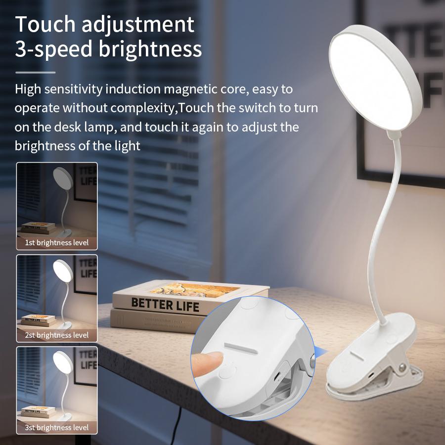 360° Rotating Rechargeable Reading Lamp Portable Clip Bedside Lamp Three Levels of Adjustable Soft Light for Eye Protection