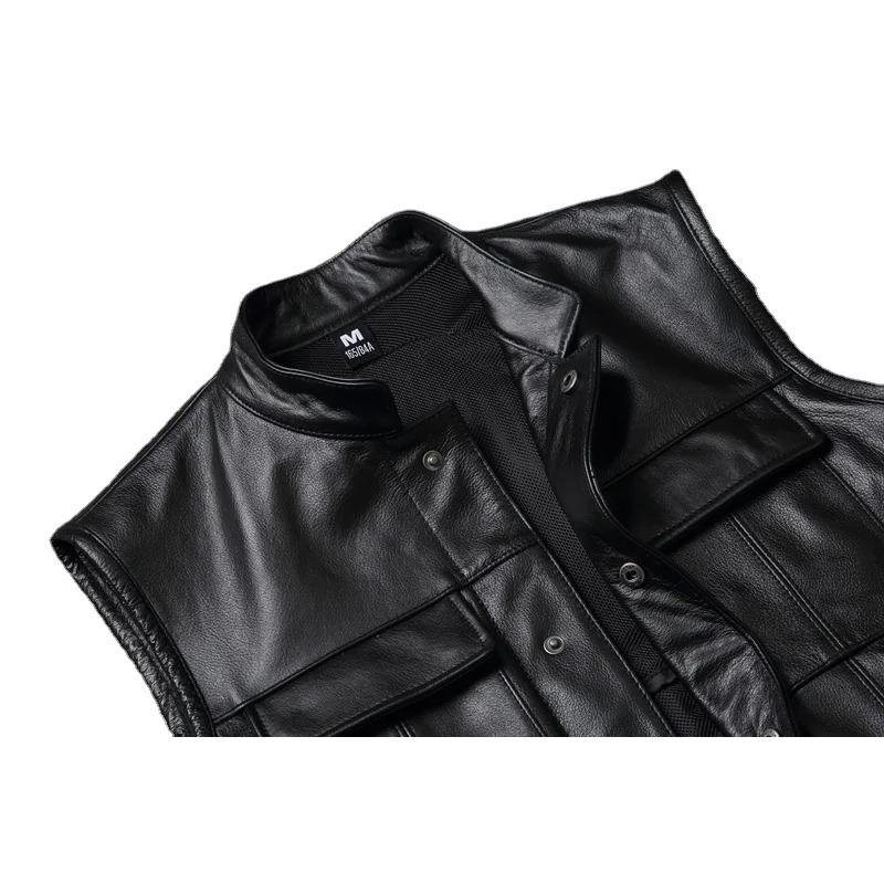 Chiński rozmiar Prawdziwa skóra bydlęca Harley Motocyklowe kamizelki Prawdziwa skóra bydlęca Kurtka bez rękawów Czarny Moto Biker Kamizelki Slim Fit Klub Jazda Wiosna