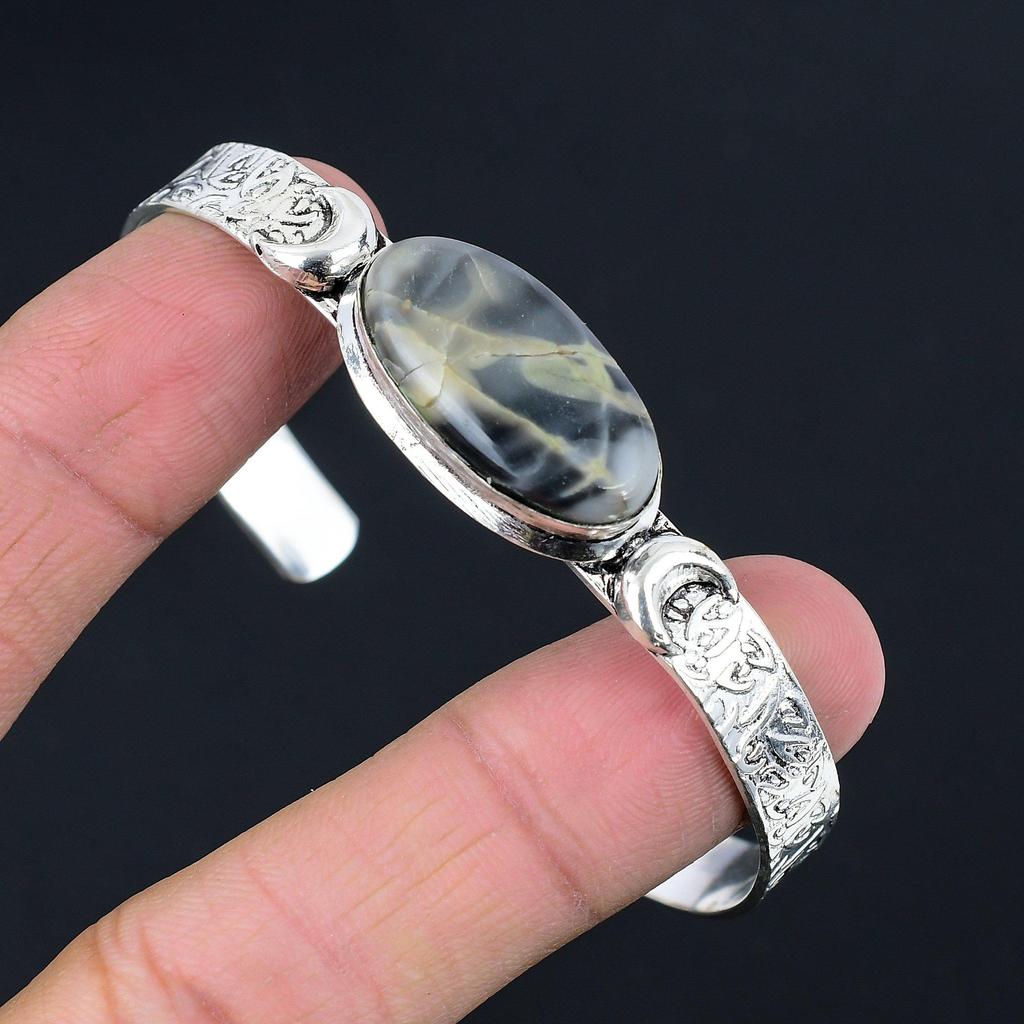 Fume Agate Stone 925 Sterling Silver Crescent Moon Anniversary Bangle Bracelet