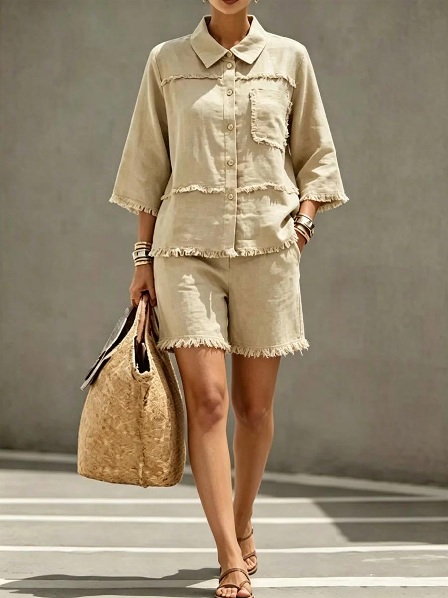 2026 European and American new cross-border European and American Amazon independent station fashion casual lapel rough edge cotton and linen shirt S
