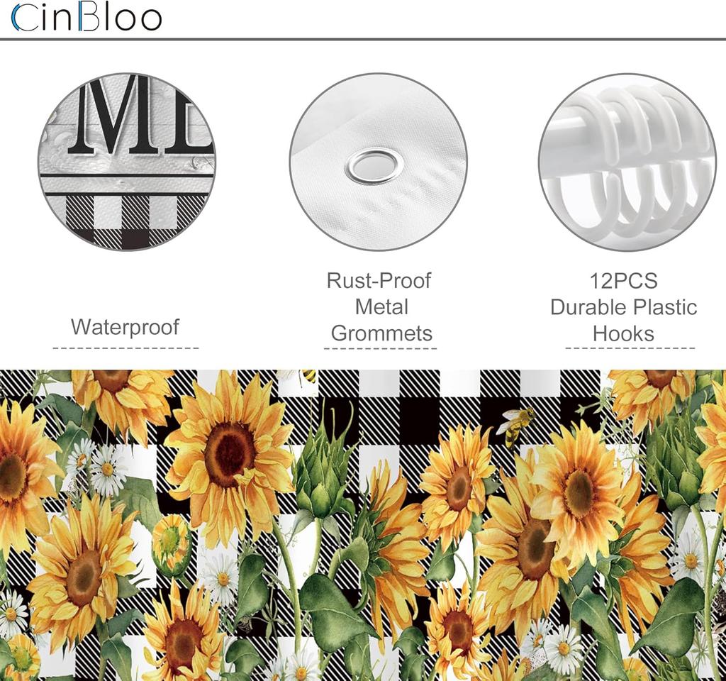 Shower Curtain Sunflower Pattern Buffalo Check Home Theme Bath Decor Waterproof Fabric Country Rustic Home Accessories Kitchen