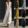 Spring and Summer European and American Lazy Style V-neck Breasted Sleeveless Vest Anti-cotton and Linen Casual Dress