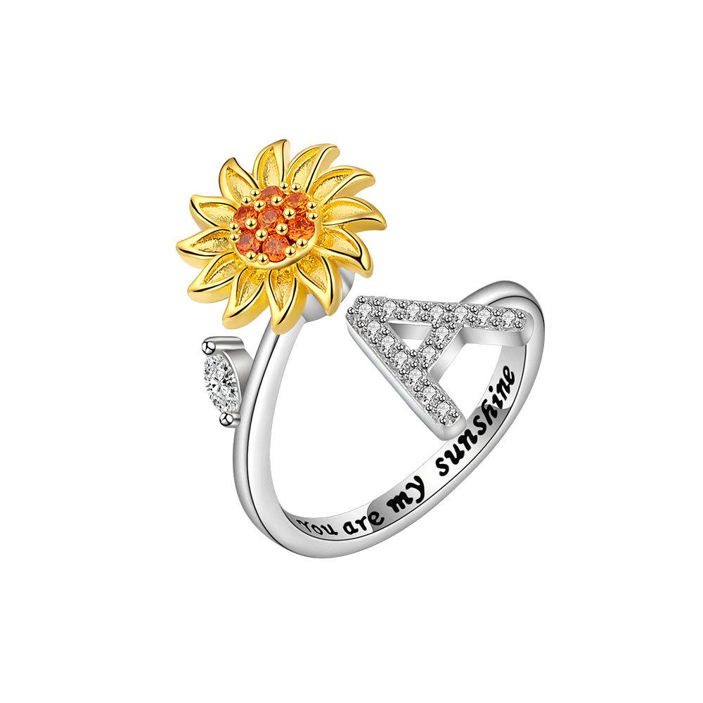 Creative Sunflower Rotating Ring 26 Letters Adjustable Open Design Women's Fashion Finger Jewelry Daily Wear & Gift Accessories