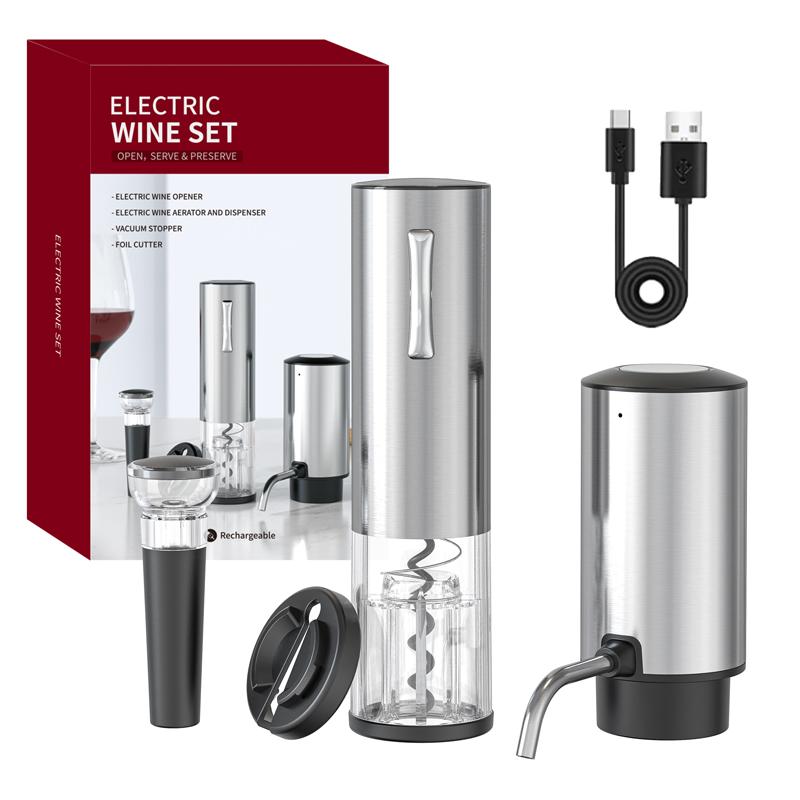 USB Electric Wine Opener Set With Electric Decanter and Aerator Stainless Steel Rechargeable Wine Bottle Opener for Wine Lovers