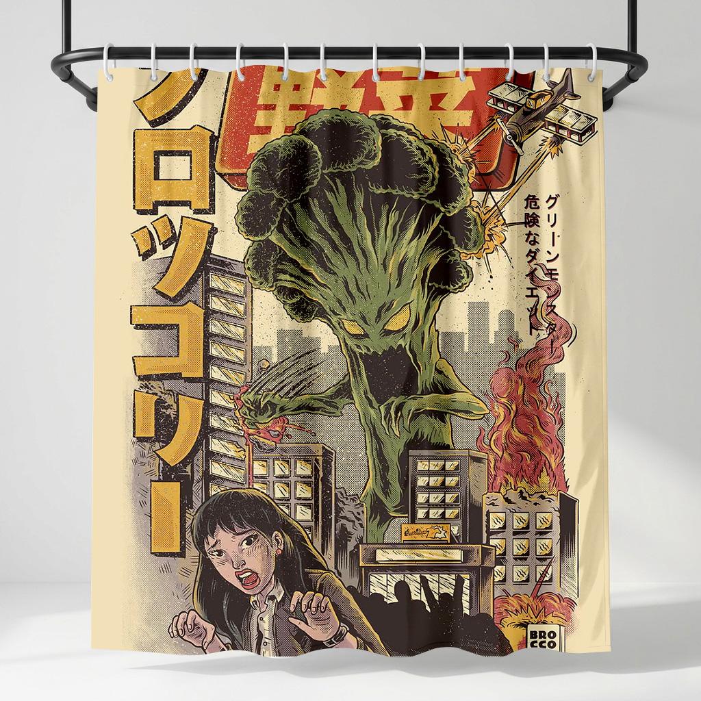 

Funny Broccoli Monster Kaiju Shower Curtain, Vintage Japanese Movie Poster Bath Decor, Cool Vegetable Aesthetic Bath Curtain W60H190(CM)-1 Pcs