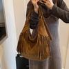 Large Capacity Frosted Tassel Shoulder Bag Faux Suede Fringe Underarm Bag Travel Tote Handbag Female Shopping Bag