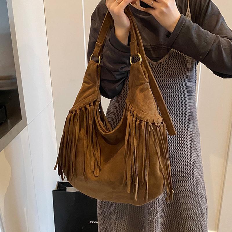 Large Capacity Frosted Tassel Shoulder Bag Faux Suede Fringe Underarm Bag Travel Tote Handbag Female Shopping Bag