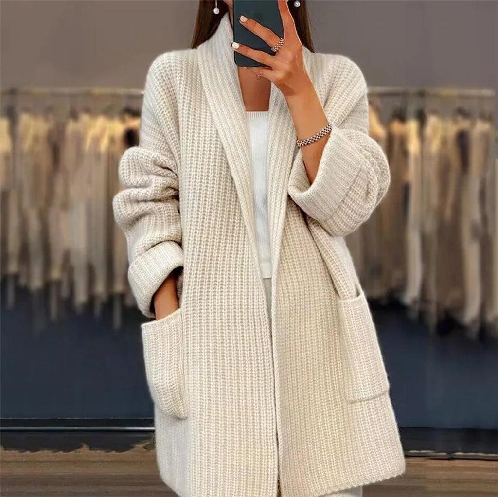 Autumn/Winter Loose-Fit Versatile Simple Casual Sweater Knitted Top Jacket Fashionable Cardigan Medium-Length Top For Women
