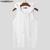 INCERUN Men Sleeveless Striped Transparent Mesh Sheer Hooded Tank Tops