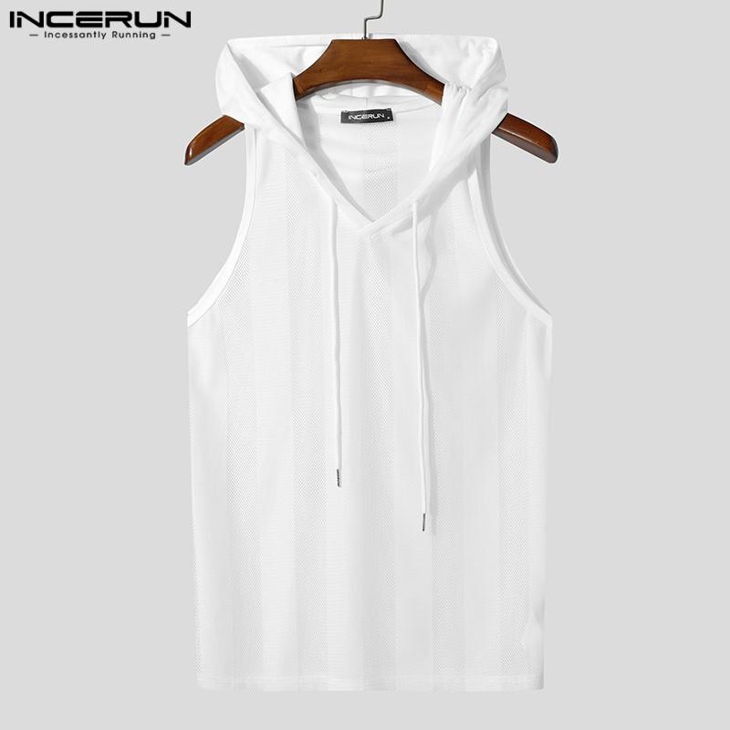 INCERUN Men Sleeveless Striped Transparent Mesh Sheer Hooded Tank Tops