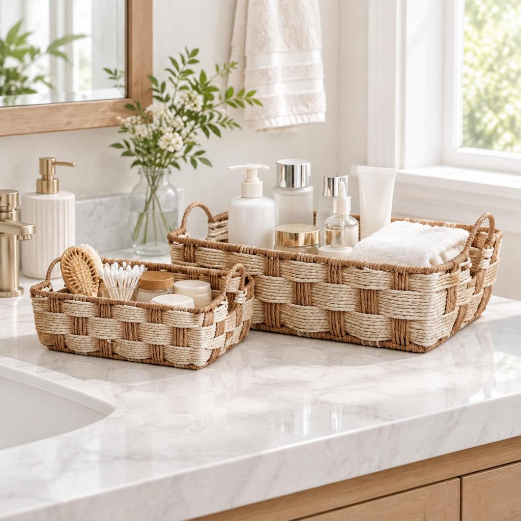 2 Pieces Paper Rope Woven Storage Basket Textured for Cosmetic Organization
