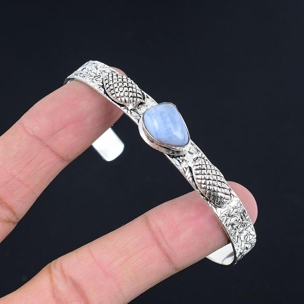925 Sterling Silver Trillion Natural Owyhee Blue Opal New Trendy Bangle Bracelet