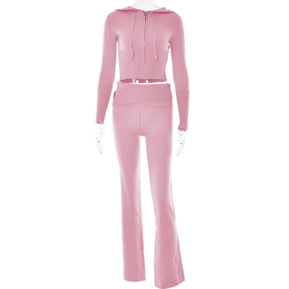 Women Knitted  Long Sleeve Zipper Hooded Sweater 2 Piece Sets Tracksuit  Crop Top Flare Pants Stretch Matching Suit Outfit
