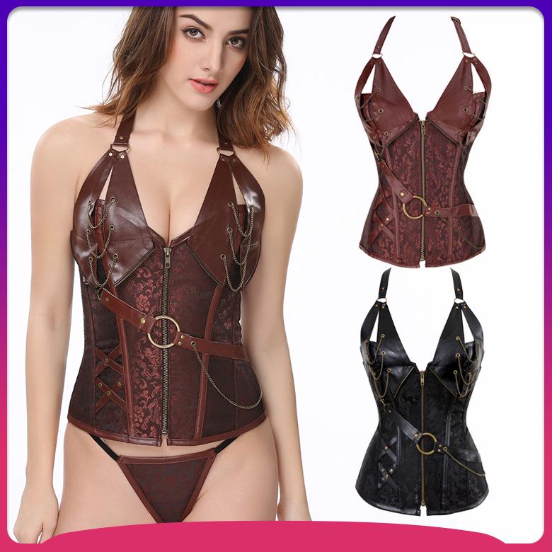 European & American Steel-Boned Leather Punk Corset Waist Cincher for Performance 