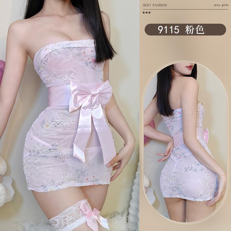 Sexy underwear embroidery printing perspective kimono sexy tube top hip-wrapped uniform slim and thin