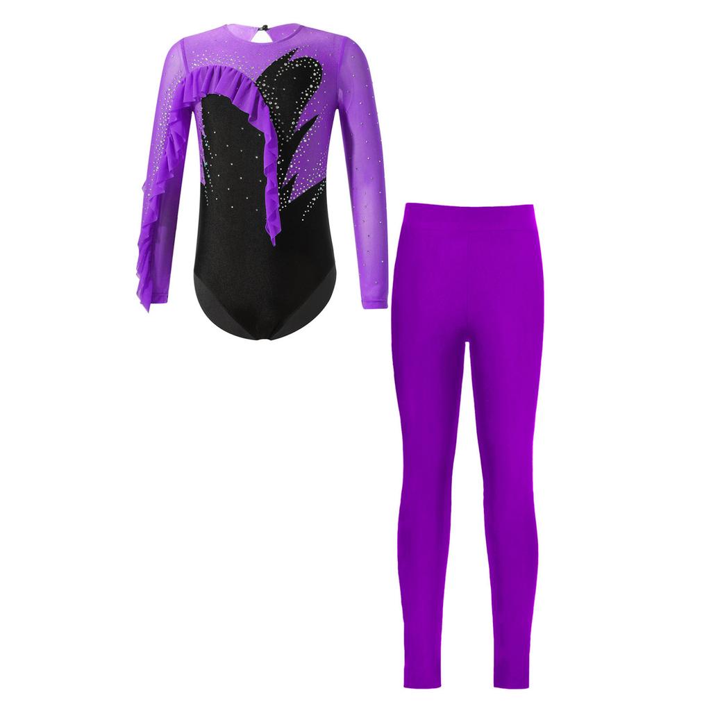Kids Girls Gymnastic Dance Outfit Long Sleeve Shiny Rhinestones Decor Ruffle Trim Leotard with Leggings